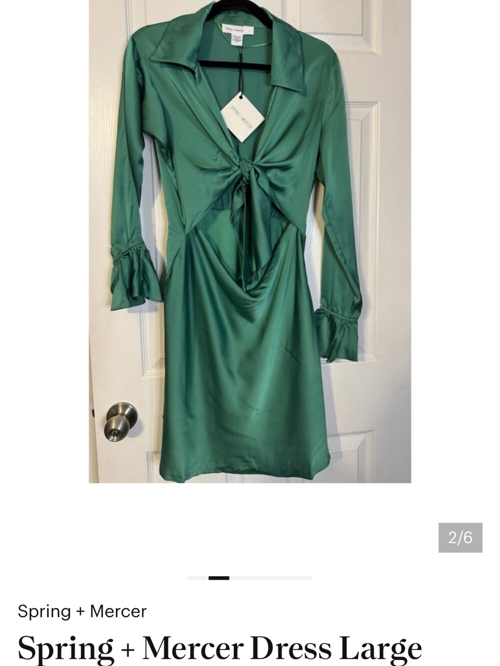 Green Satin Tie-Front Long Sleeve Dress